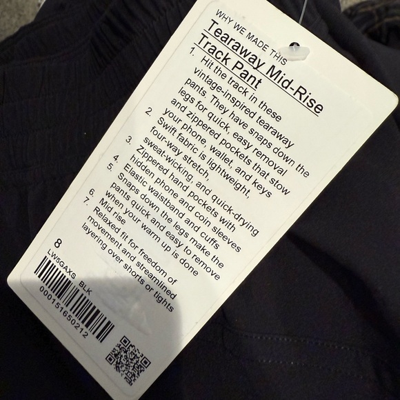 Lululemon Performance Pant Tearaway Mid Rise Track Pant Black Sz 8 NEW! - Picture 7 of 13